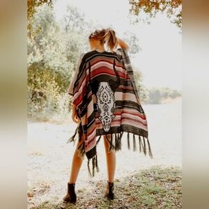 ​Bohemian Cow Skull Serape Ruana Shawl - Teal & Pink Striped